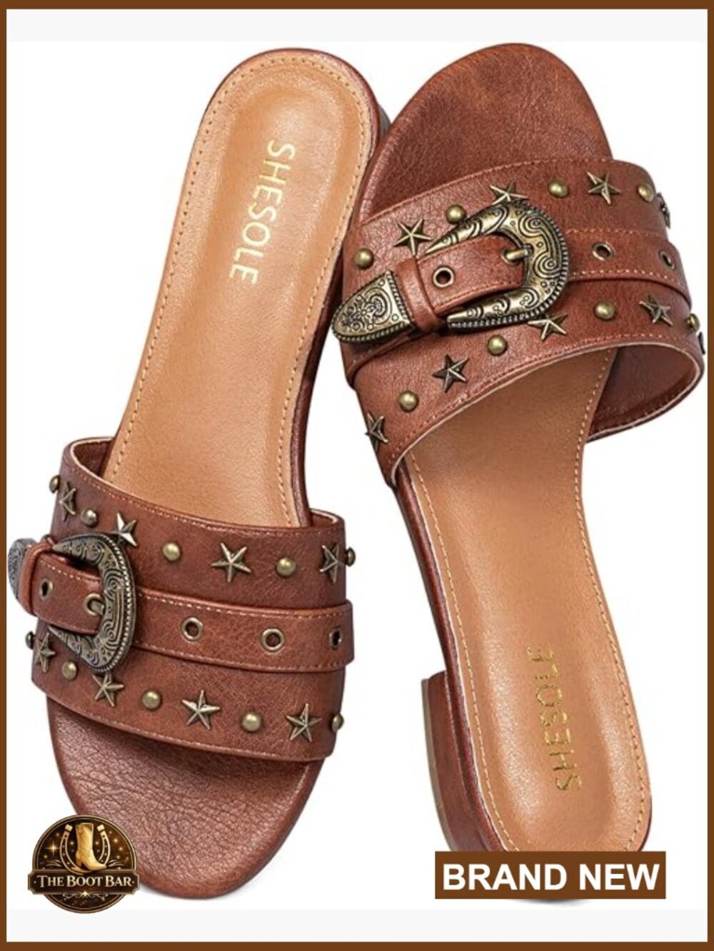 Wide Width Slide Sandals Low Block Heel Studded Boho Beach